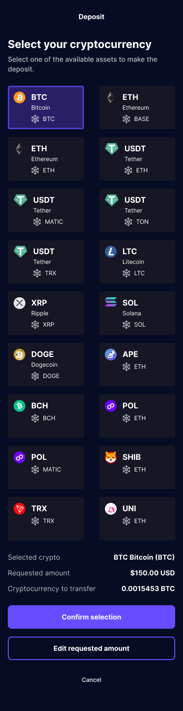 Deposit with cryptocurrency