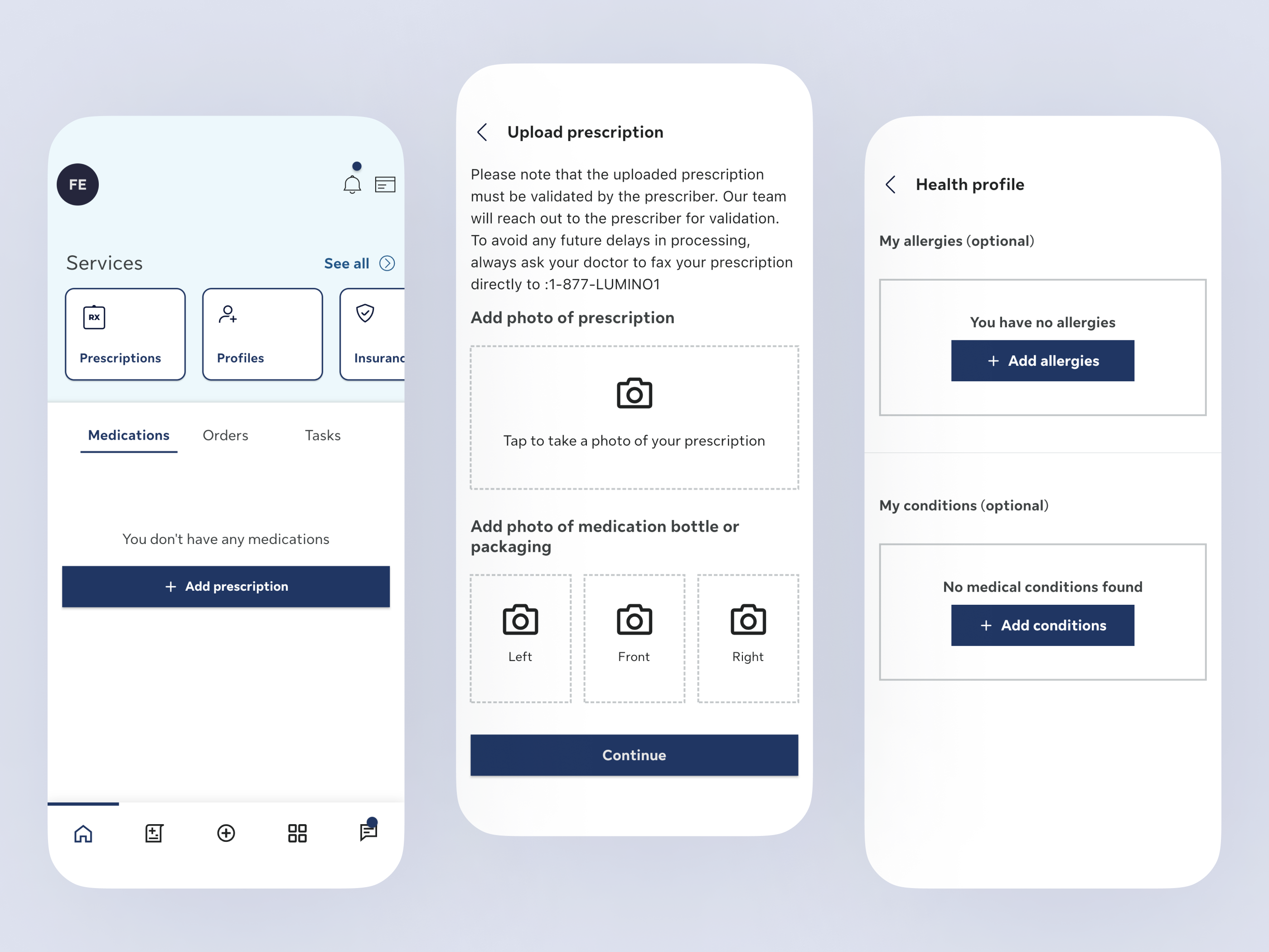 Lumino Health Pharmacy - Main screen, upload prescription and profile