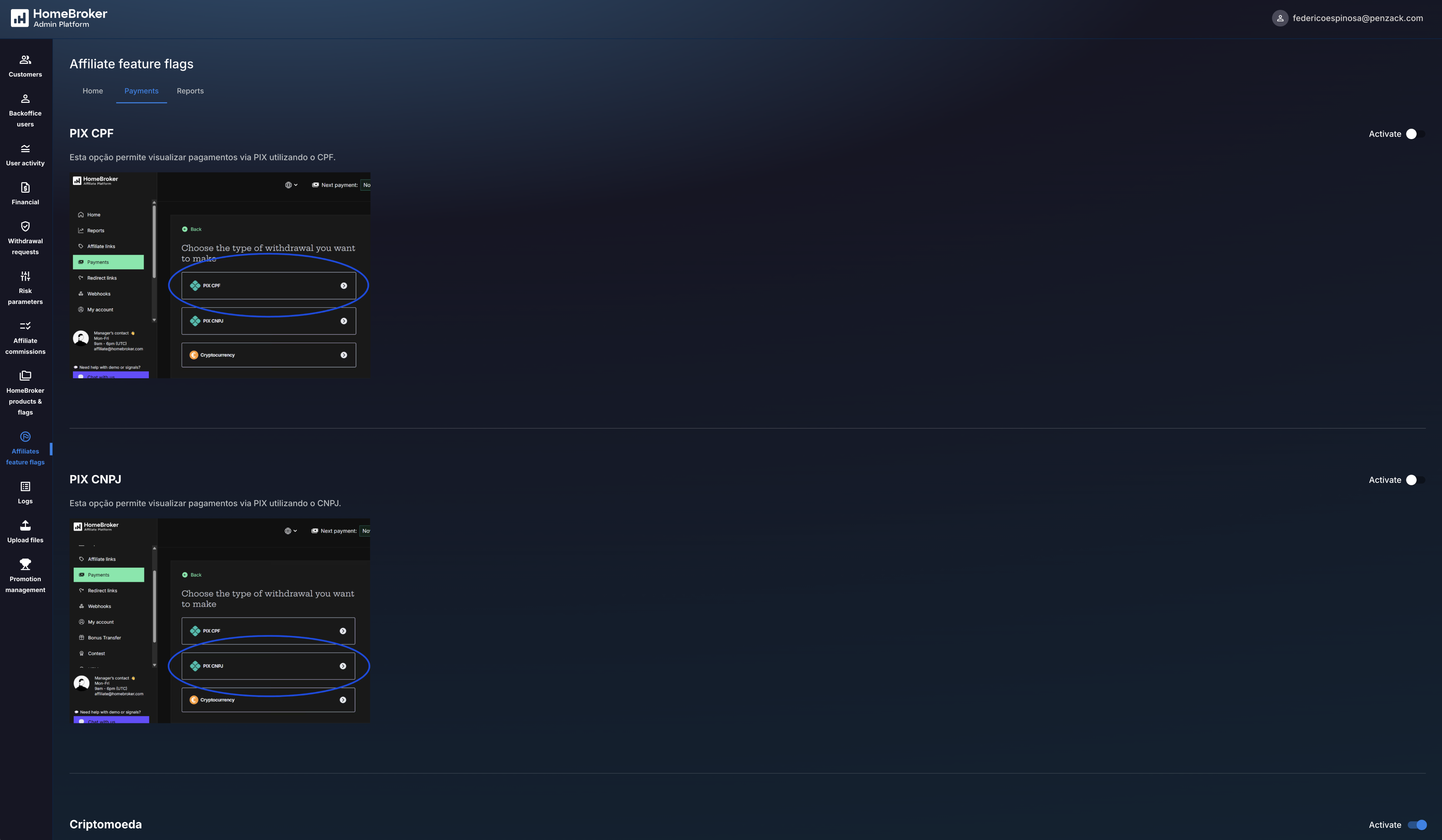 Affiliates feature flags - Payments